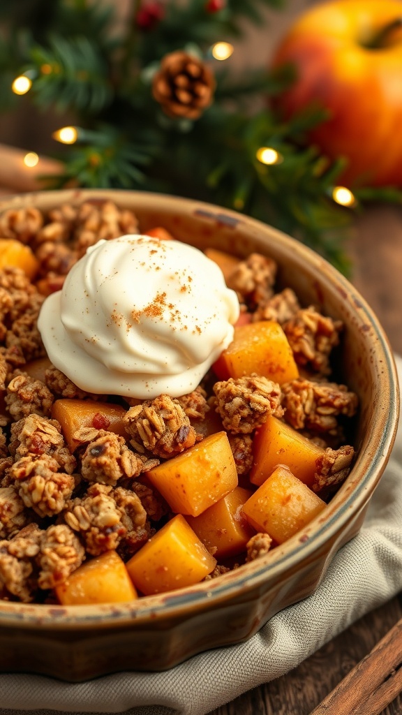 Festive Apple Crisp Dessert Recipe A warm apple crisp dessert with oat topping and vanilla ice cream, set against a festive holiday backdrop.